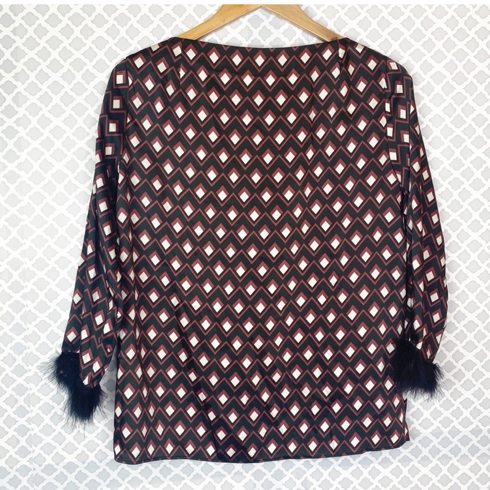EUC Zara Diamond Print Faux Fur Trim Satin Blouse